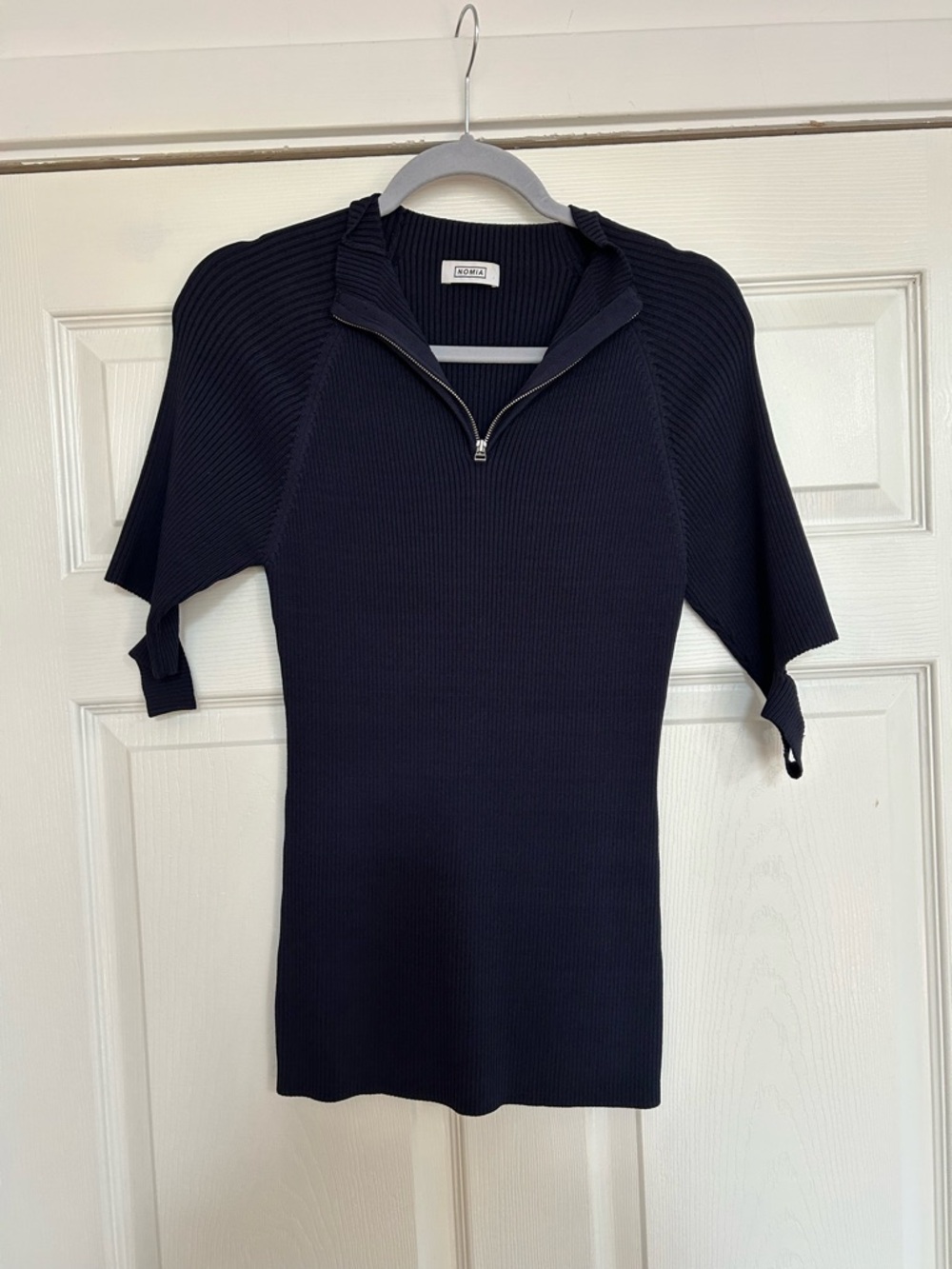 Ribbed Half-Zip Jersey Top in Navy
